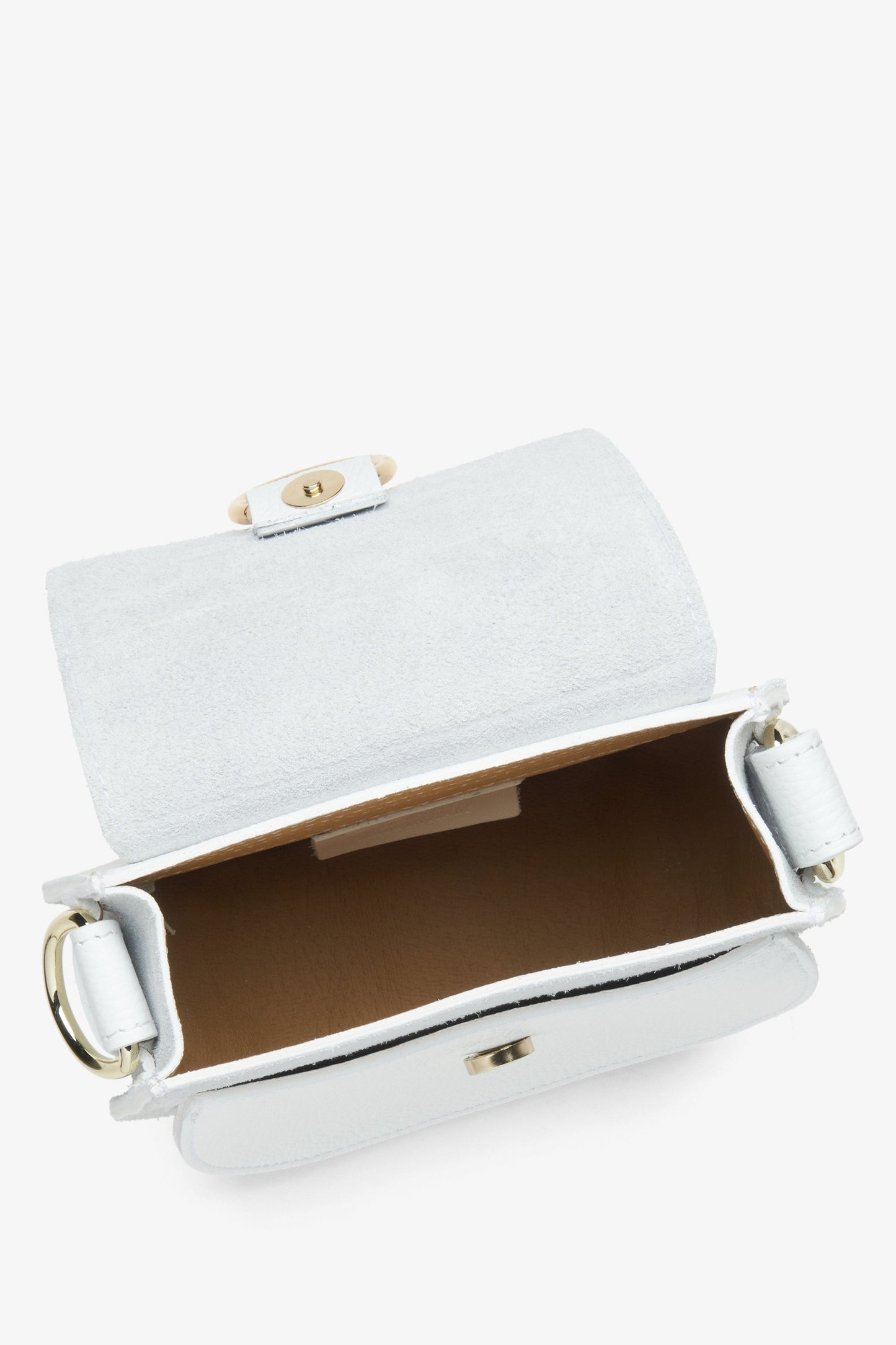 Damenhandtasche aus italienischem Echtleder in Weiß von Estro – Nahaufnahme des Innenraums des Modells.
