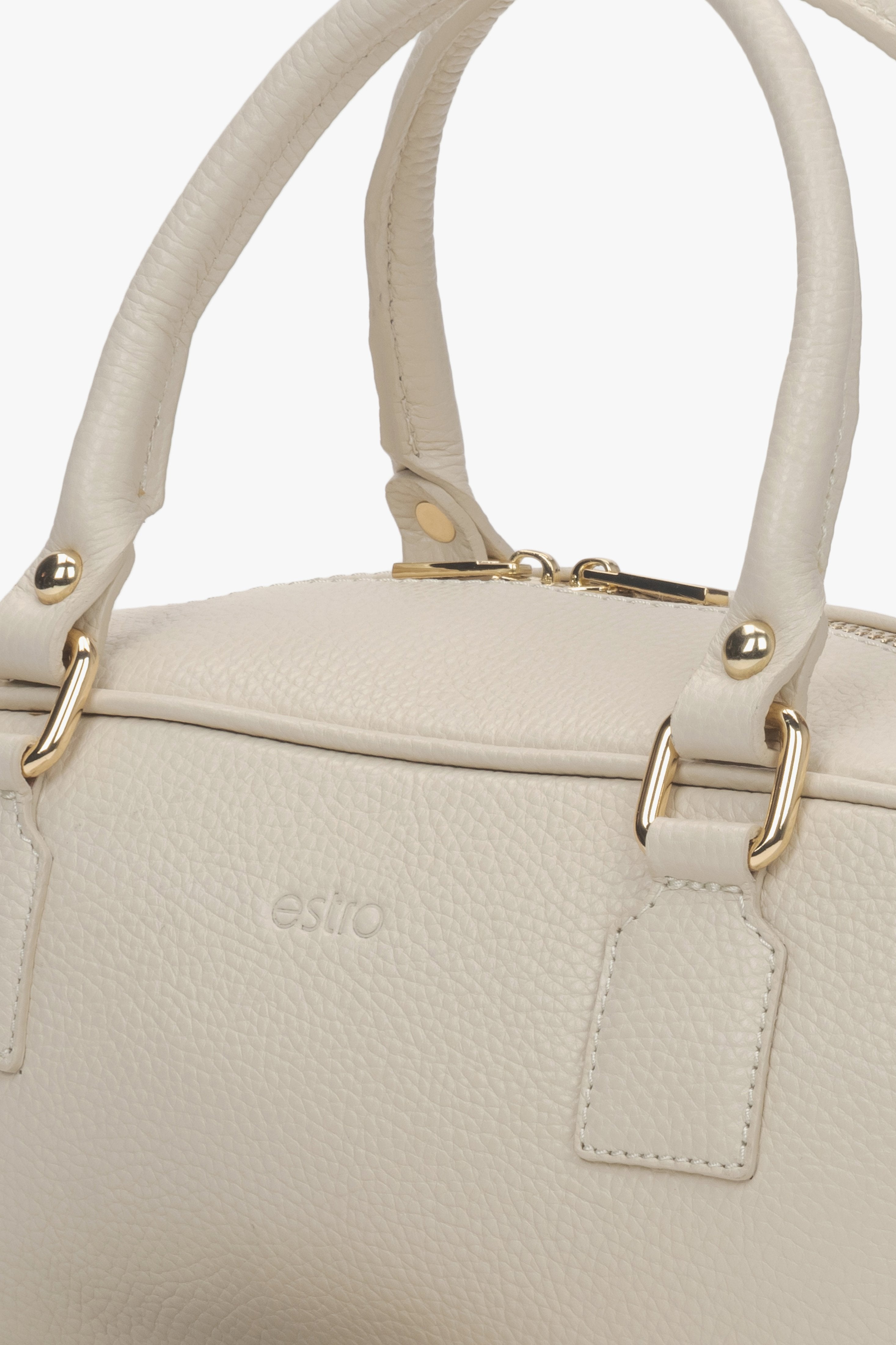 Estro – kleine Damen-Tote-Tasche aus beigem italienischem Leder – Detailaufnahme.
