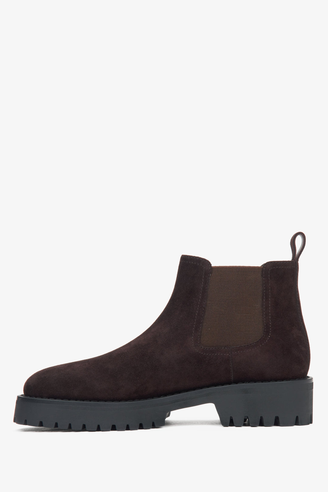 Estro Women’s Dark Brown Low Chelsea Boots in Genuine Velour – side view.