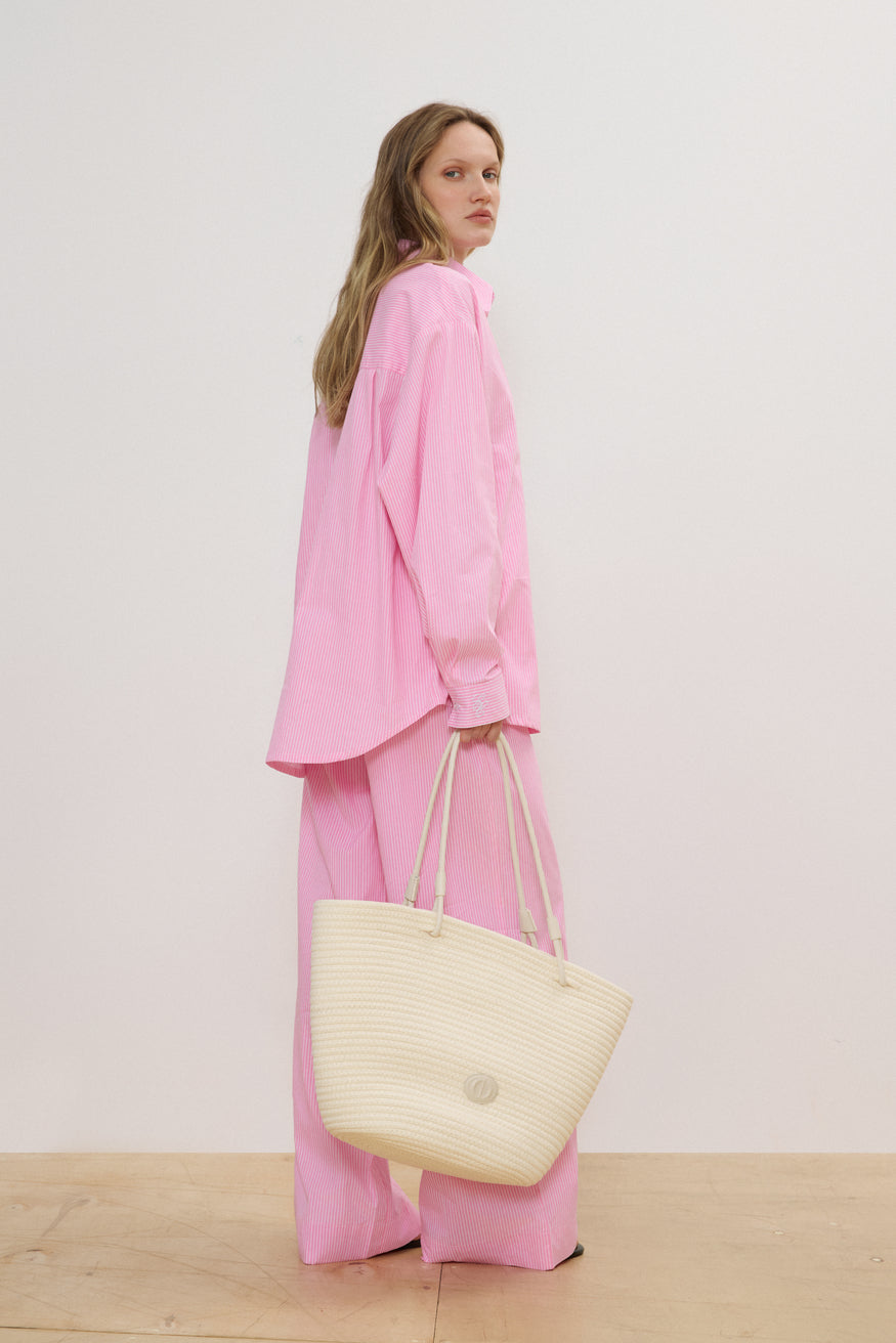 Milchbeige Damen-Shopper-Tasche in Bastoptik aus Textilmaterial Estro ER00119665