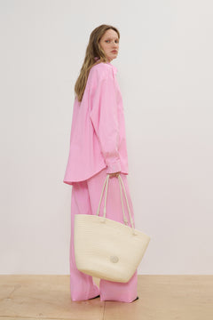 Milchbeige Damen-Shopper-Tasche in Bastoptik aus Textilmaterial Estro ER00119665