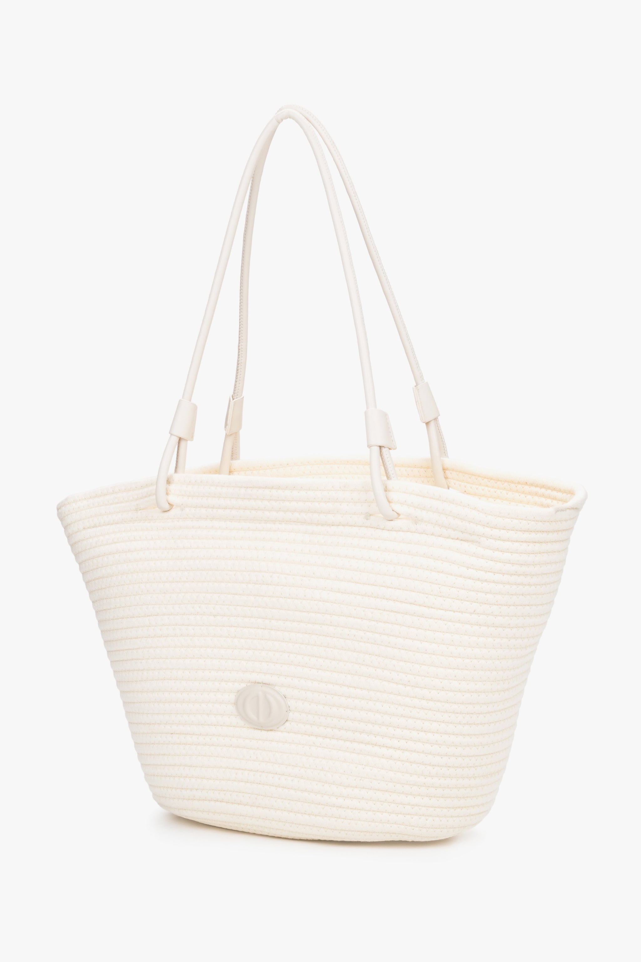 Frontansicht der milchbeigen Damen-Shopper-Tasche mit langen Henkeln