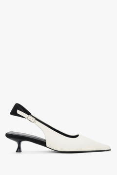 Milchweißer Damen-Slingpumps aus Echtleder von der Seite mit schwarzem Absatz