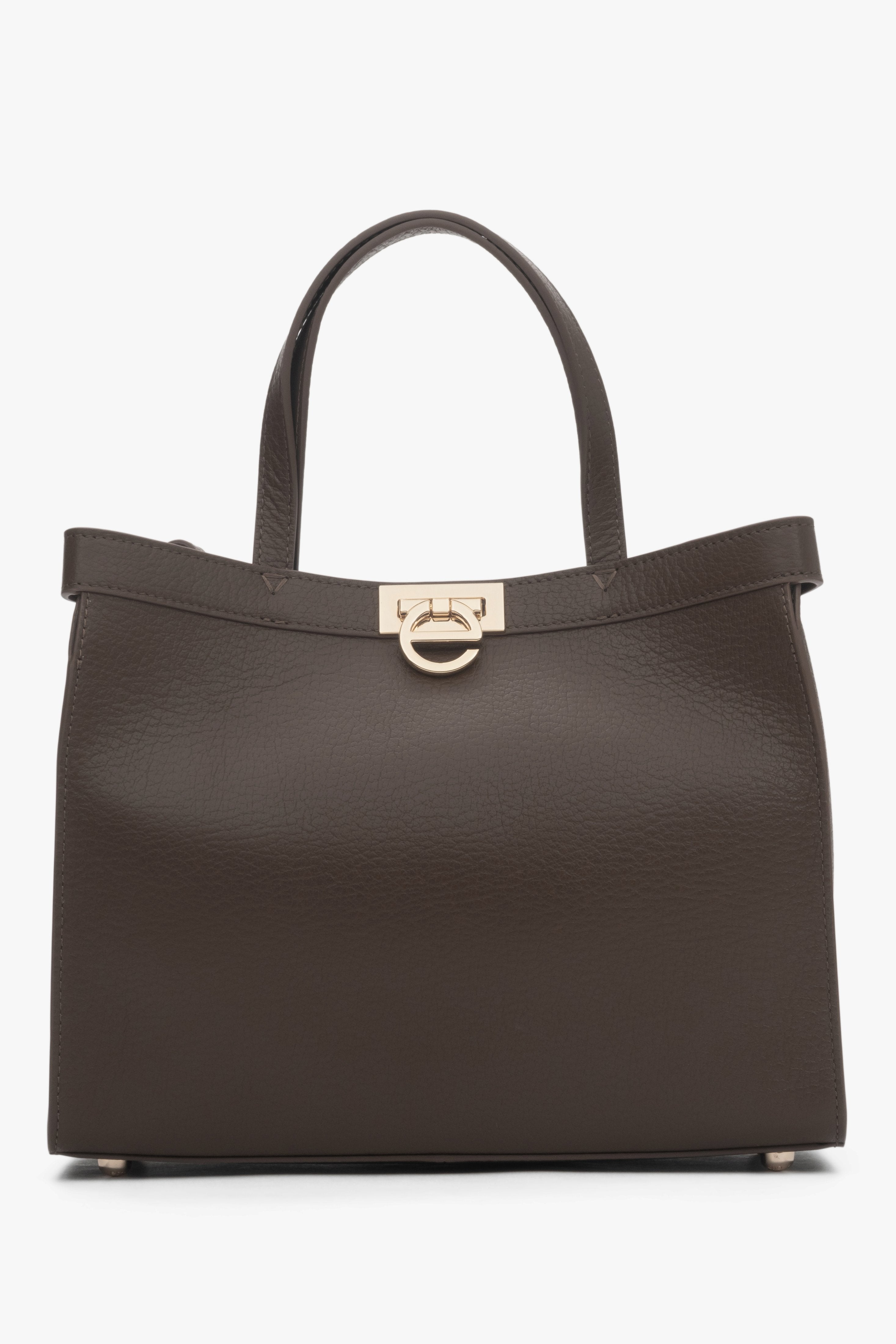 Frontansicht der eleganten mokkafarbenen Damen Tote-Bag aus Leder mit goldenem Verschluss.