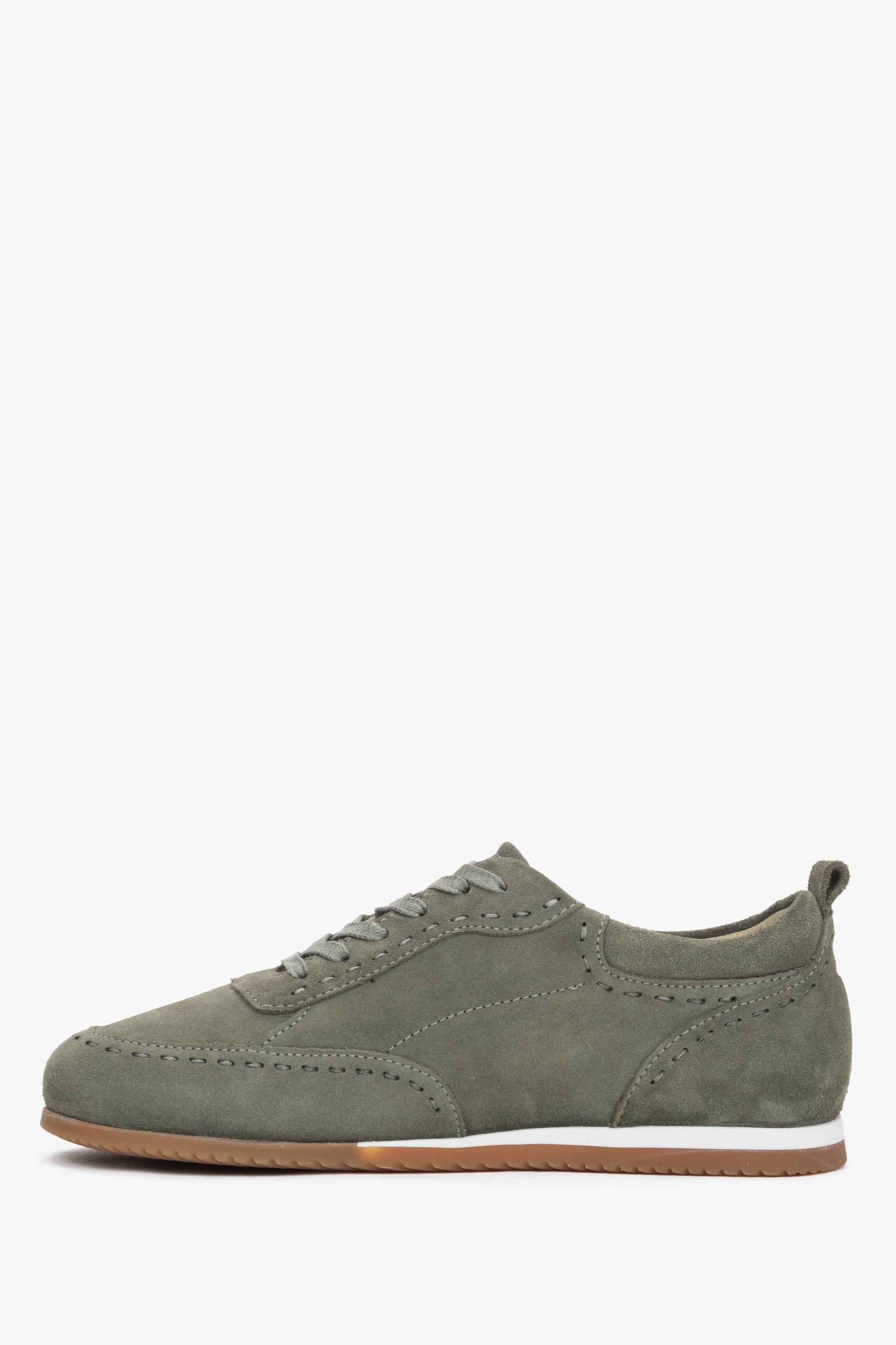 Linke Seitenansicht der bequemen olivgrünen Damen-Sneaker von Estro.