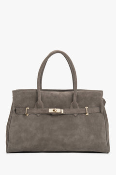 Frontansicht der großen dunkelgrauen Damen-Handtasche aus italienischem Premium-Velours