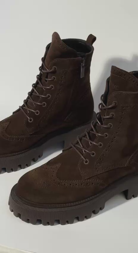 Dunkelbraune Damen Schnürstiefelette aus echtem Velours Estro ER00117903