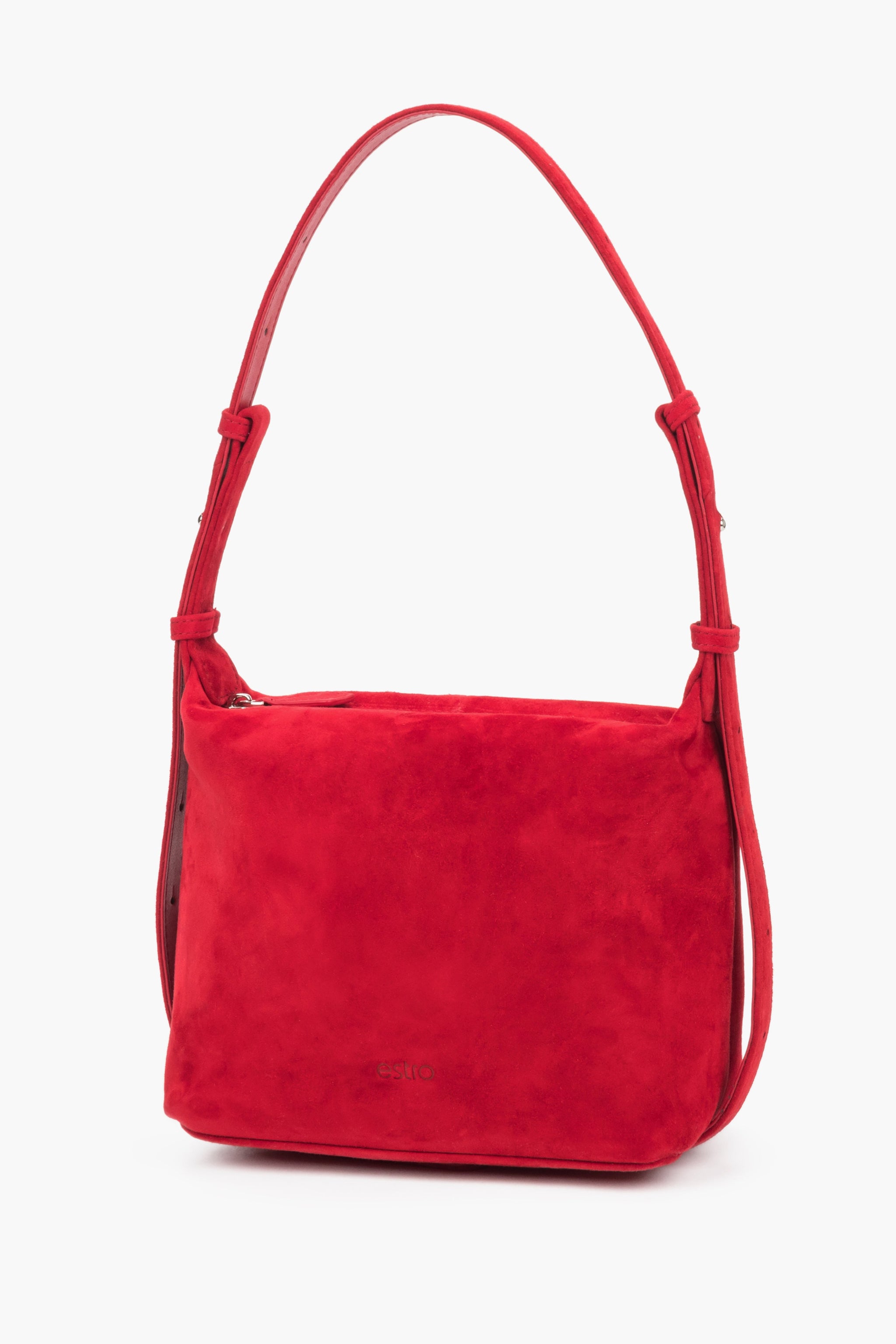 Rote Velours-Handtasche im Hobo-Stil schräge Ansicht