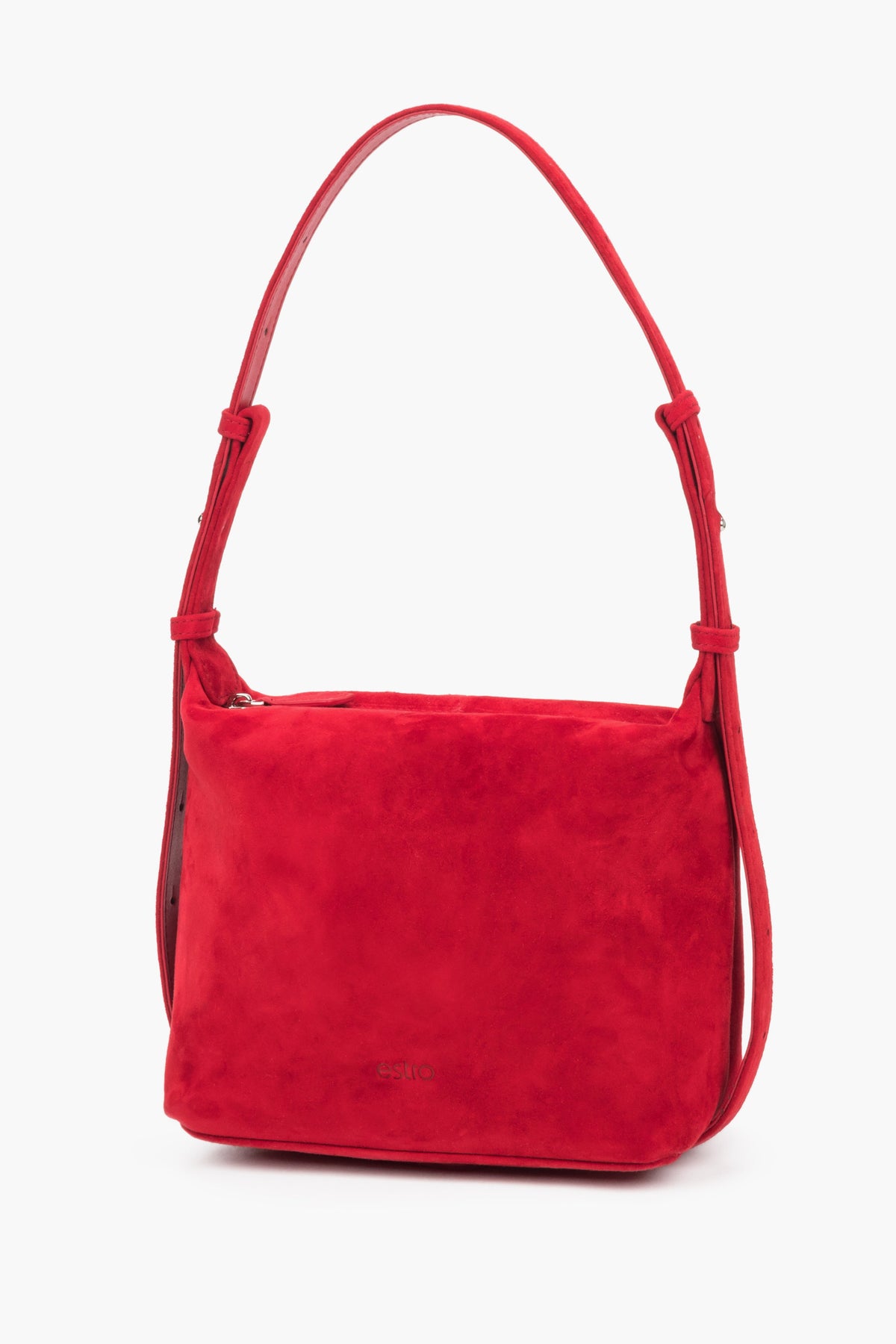 Rote Velours-Handtasche im Hobo-Stil schräge Ansicht