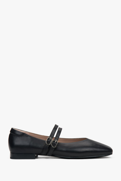 Schwarze Damen Ballerinas aus echtem Leder mit niedrigem Absatz Seitenansicht ER00117152