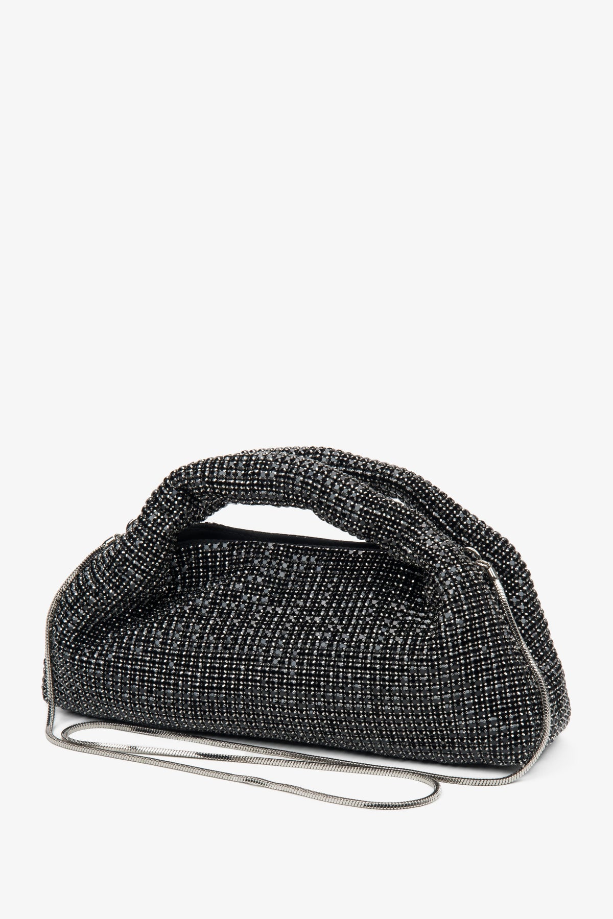 Schwarze Abendtasche von Estro, verziert mit funkelnden Kristallen und einem einzigartigen strukturierten Henkel.