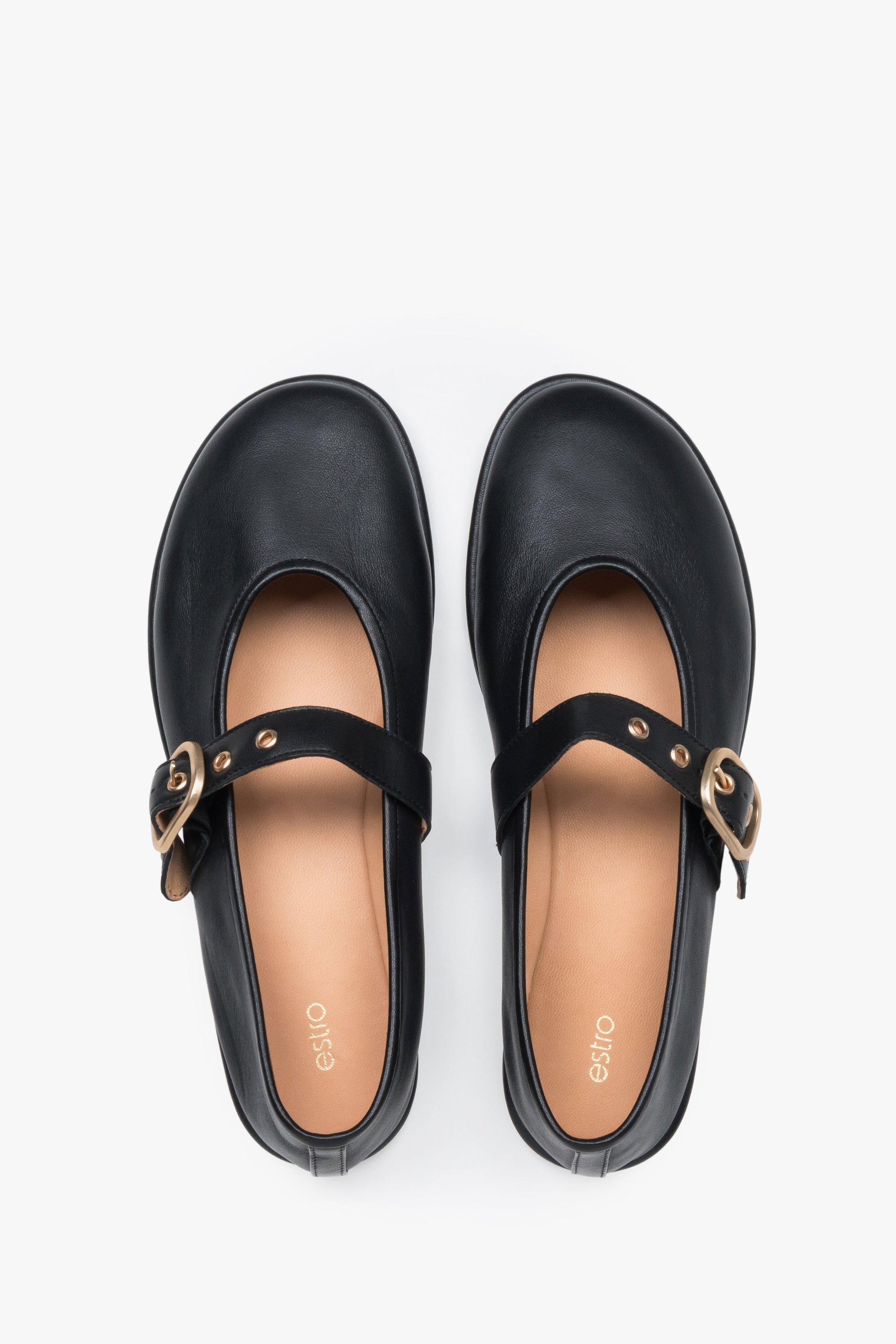Schwarze Damen-Ballerinas aus echtem Leder von oben mit goldfarbener Schnalle