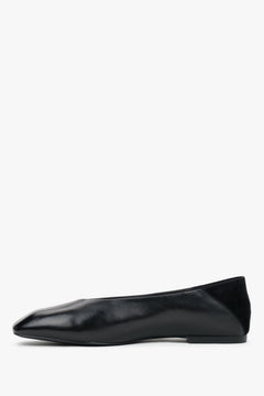Schwarze Damen-Ballerina aus Leder in seitlicher Einzelansicht mit Velours-Fersenbereich