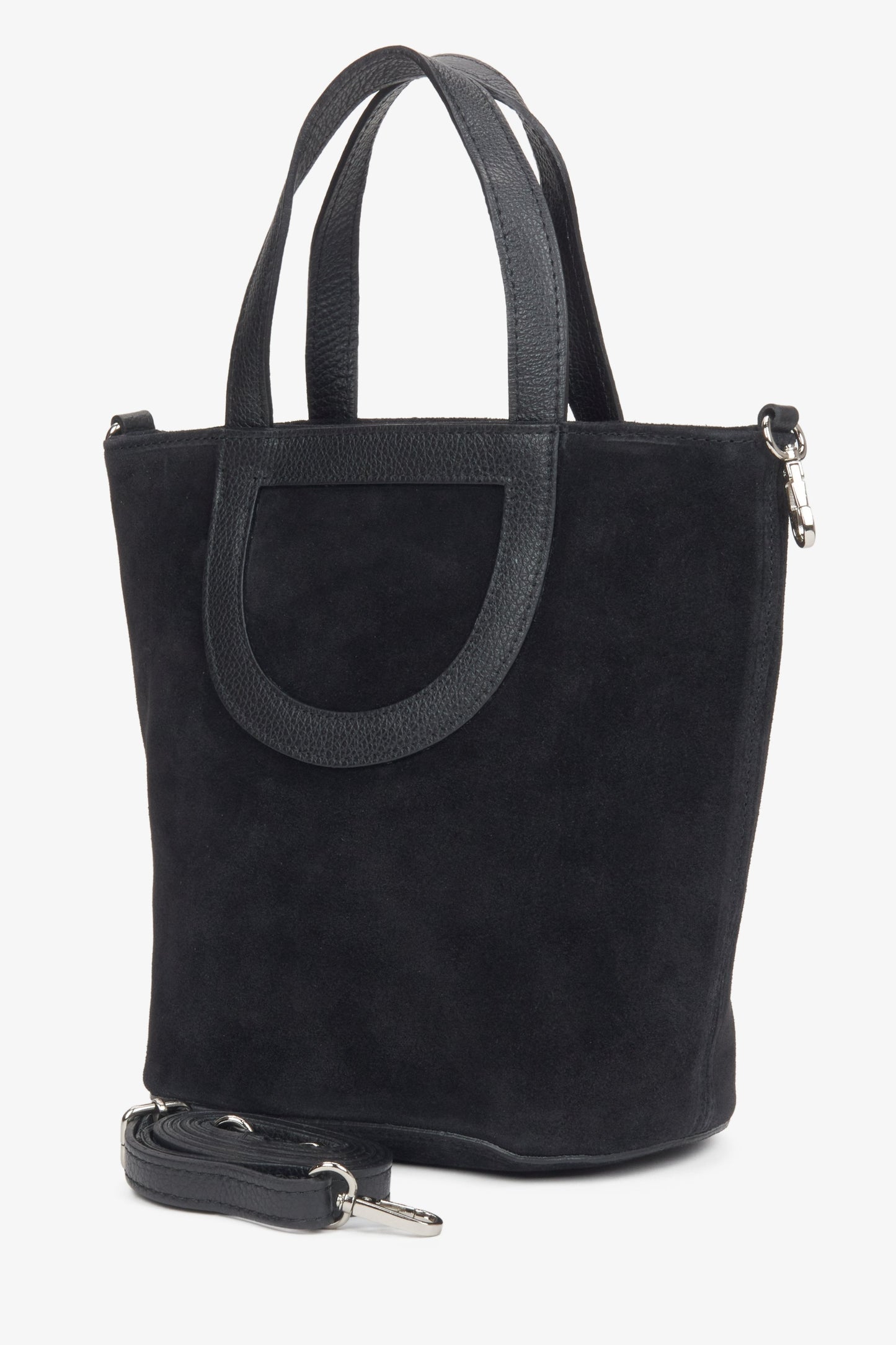 Damen-Bucket-Bag in elegantem Schwarz, gefertigt aus hochwertigem italienischem Naturvelours.