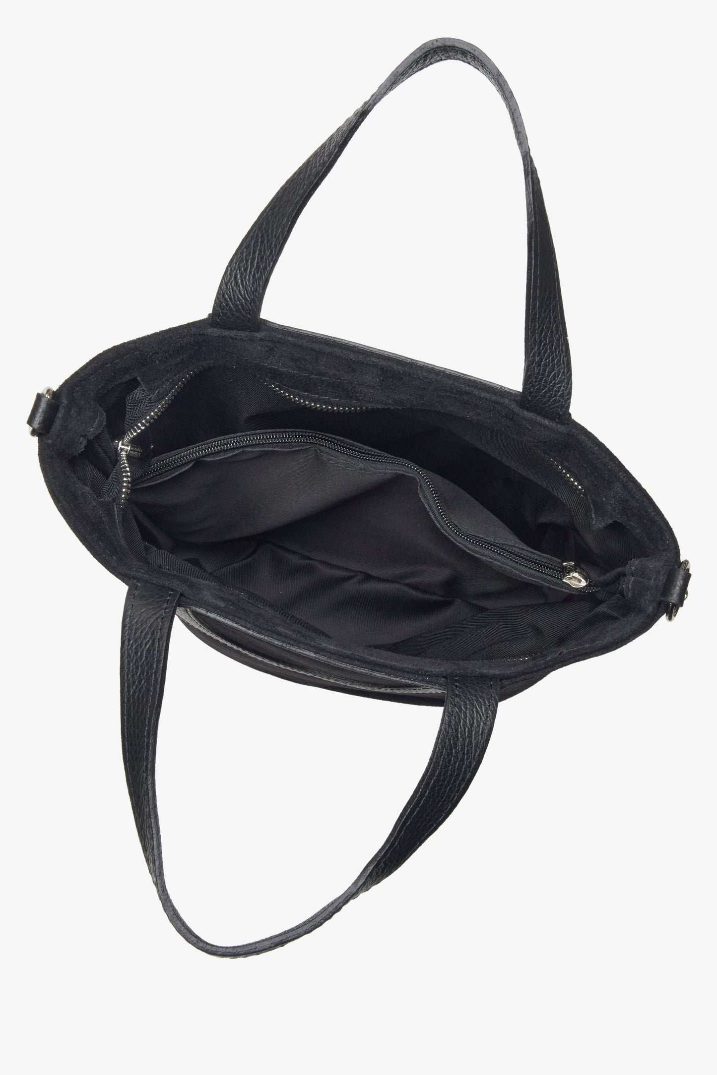 Damen-Bucket-Bag aus hochwertigem italienischem Premium-Naturvelours in schwarzer Farbe.