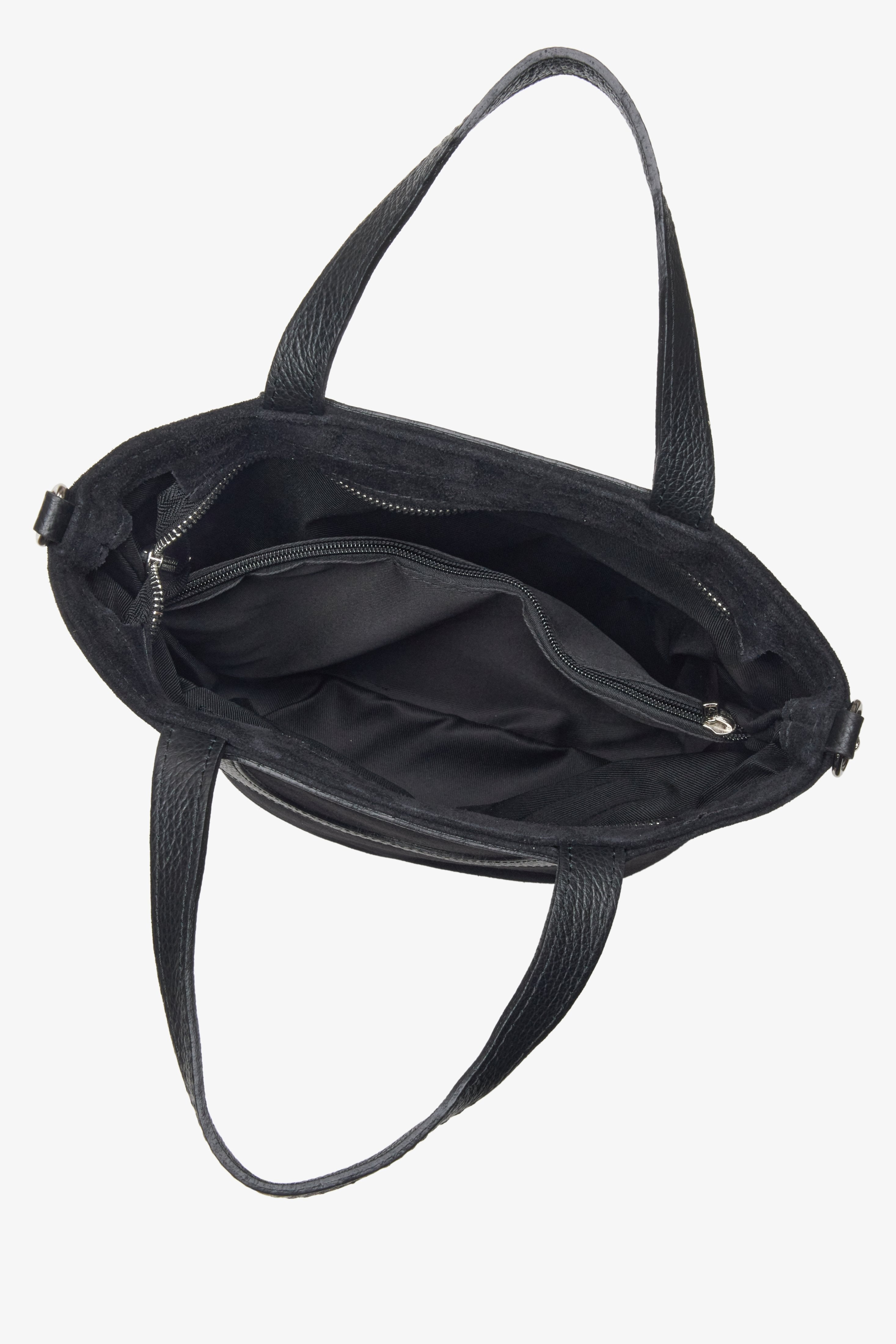 Damen-Bucket-Bag aus hochwertigem italienischem Premium-Naturvelours in schwarzer Farbe.
