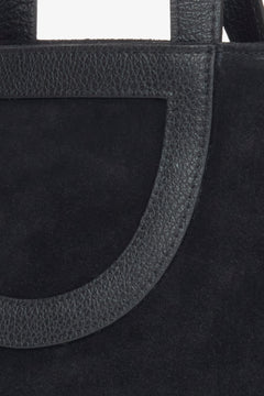 Damen-Bucket-Bag aus hochwertigem italienischem Premium-Naturvelours in Schwarz – Details.