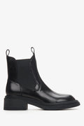 Flaches Seitenprofil der schwarzen Damen-Chelsea-Boots aus Echtleder mit Plateausohle