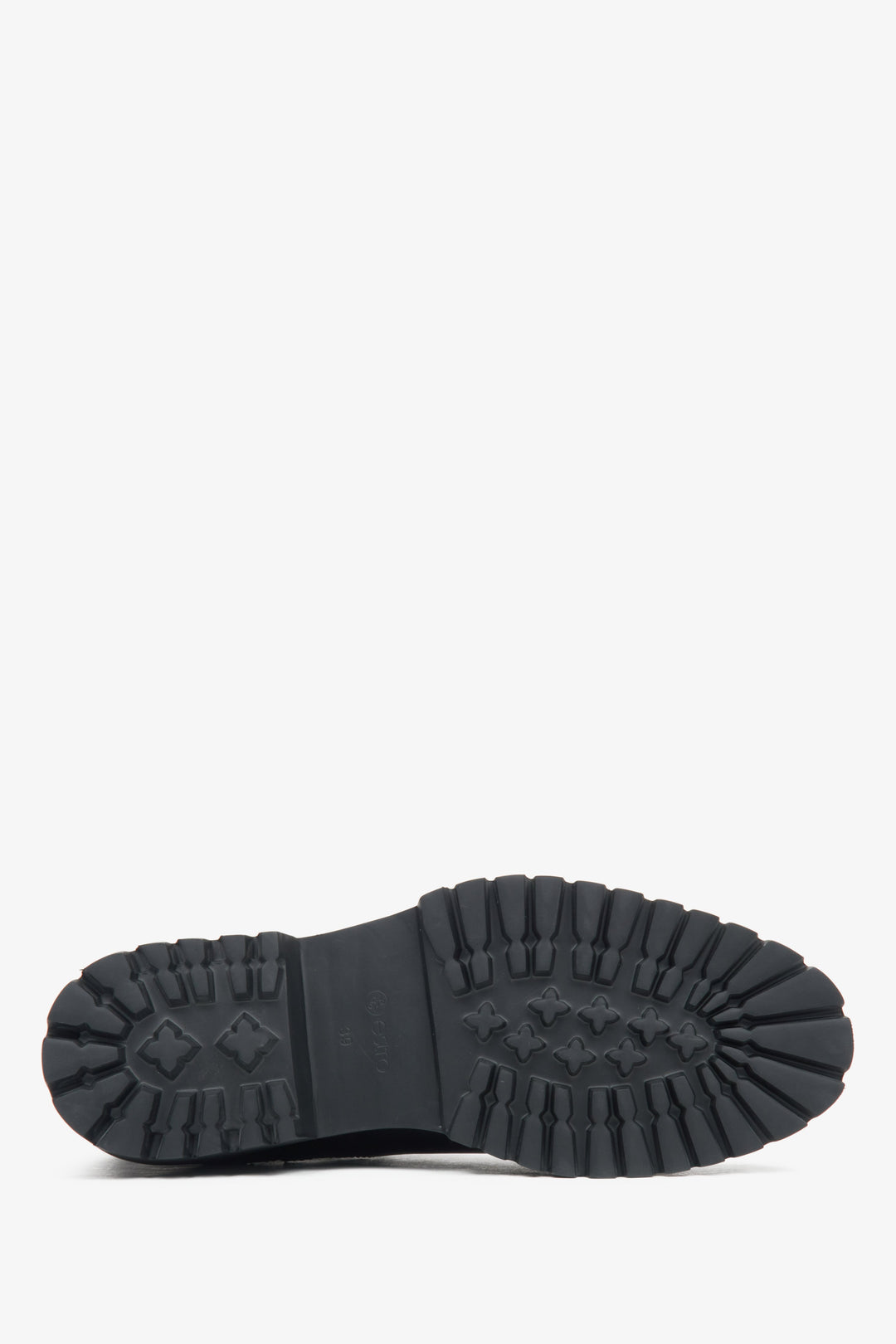 Schwarze niedrige Chelsea-Stiefeletten für Damen aus echtem Leder von Estro – Nahaufnahme der Sohle.