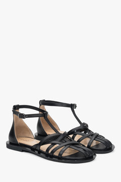 Schwarze Leder-Fischersandalen für Damen.