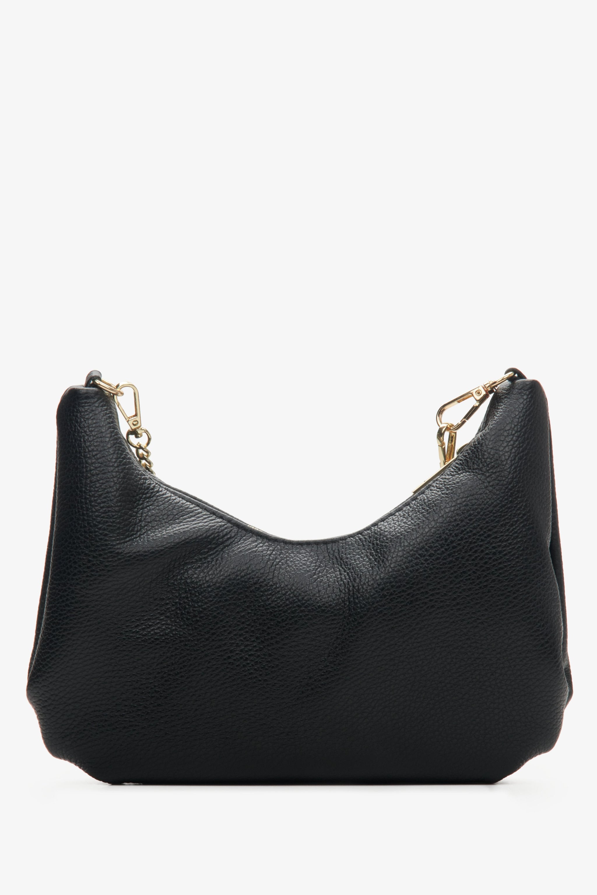 Schwarze Damenhandtasche aus echtem italienischem Leder mit goldener Kette.