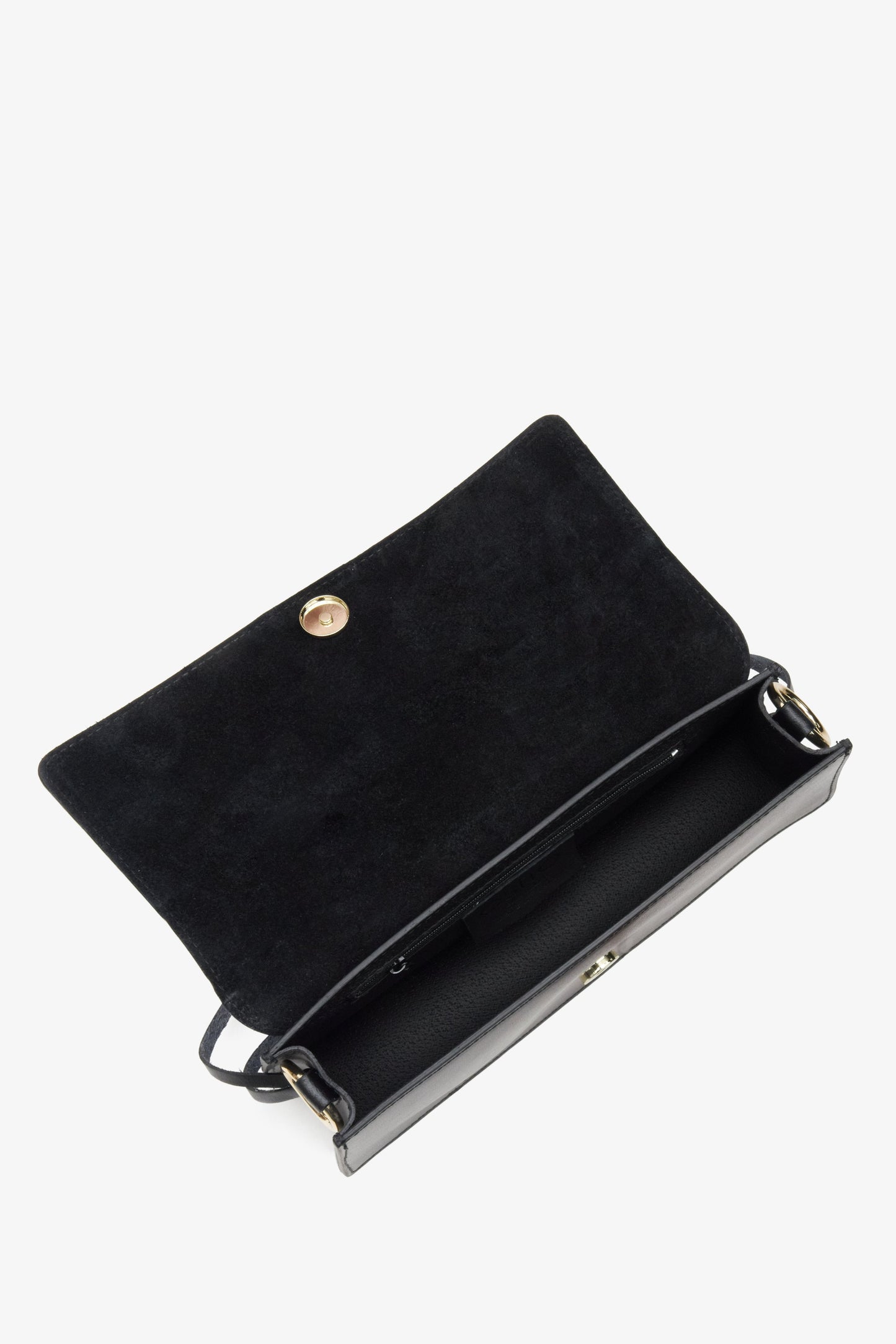 Damen-Lederhandtasche in Schwarz – Nahaufnahme des Hauptfachs.