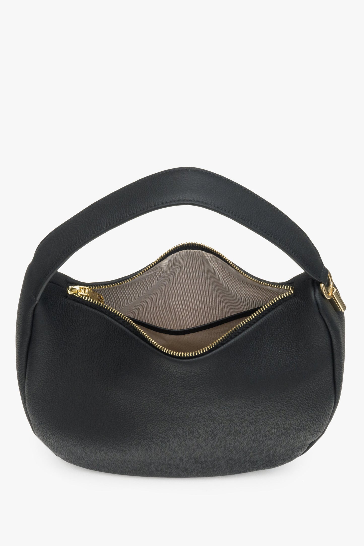 Schwarze Damen-Lederhandtasche von Estro – Nahaufnahme des Innenraums.