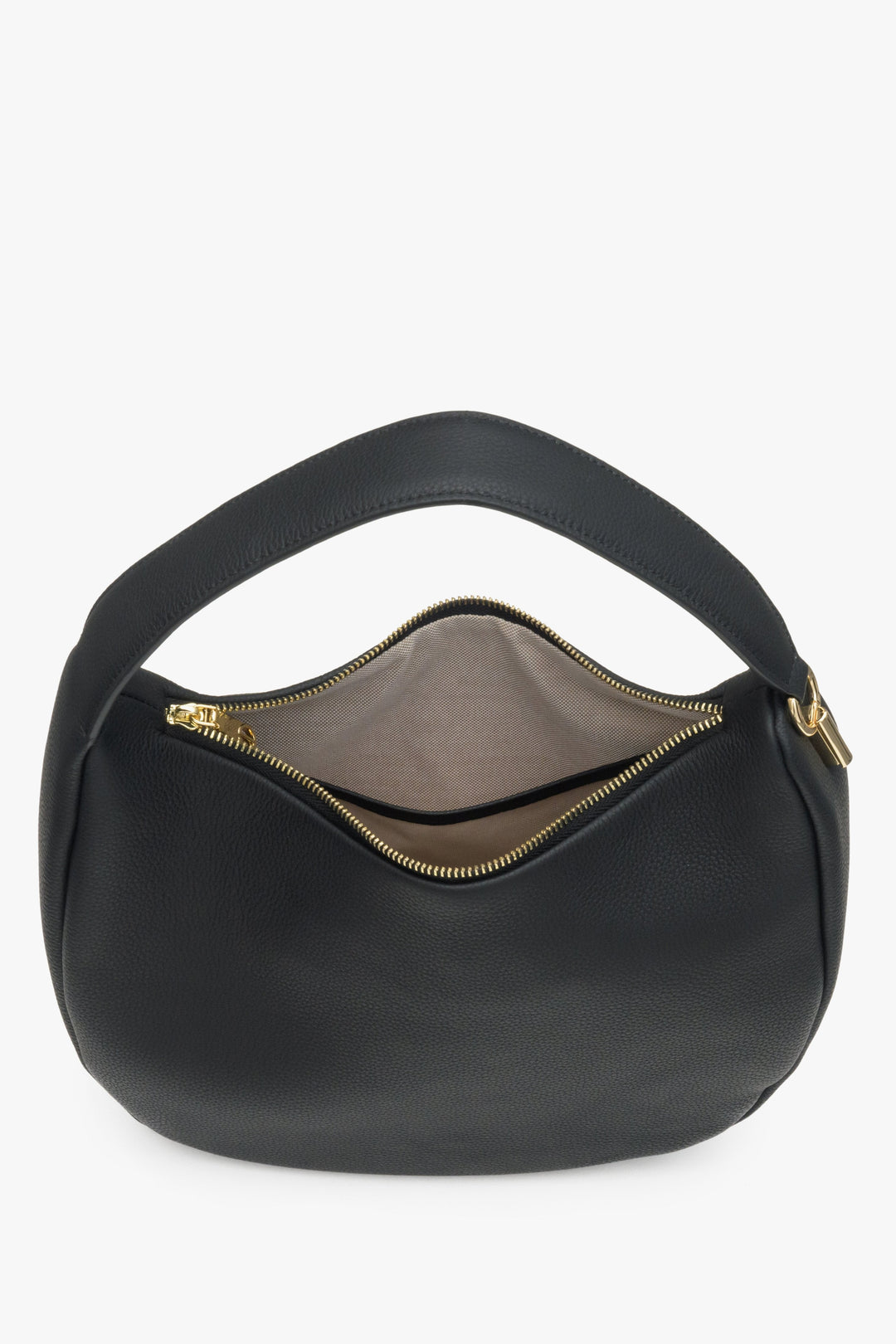 Schwarze Damen-Lederhandtasche von Estro – Nahaufnahme des Innenraums.
