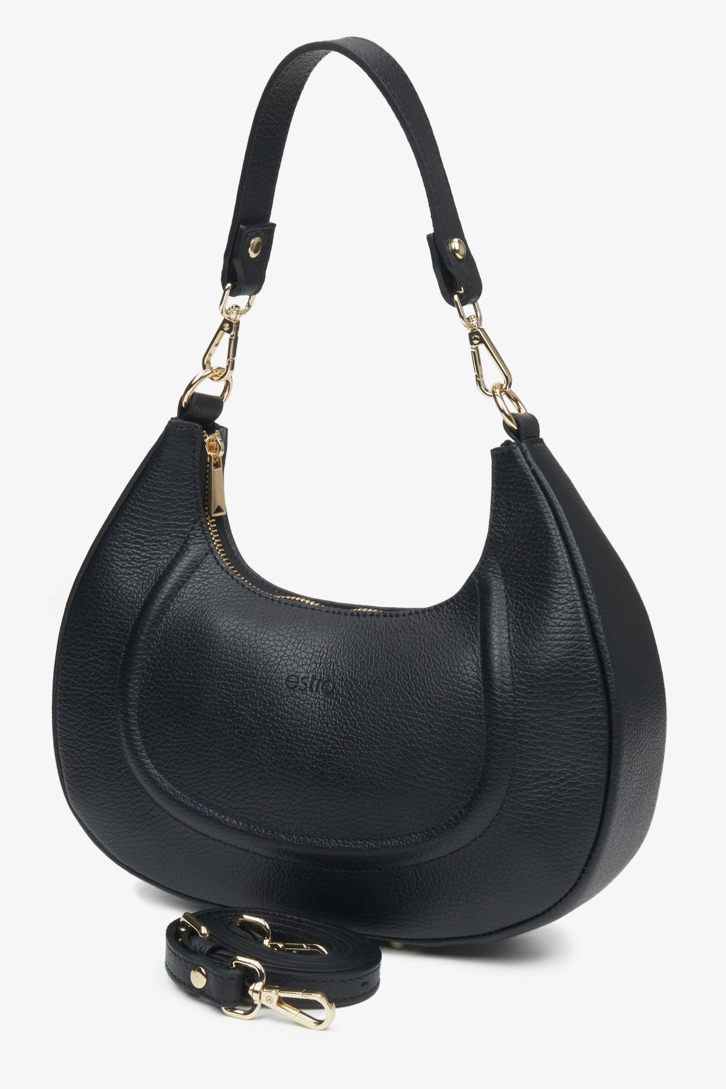 Elegante schwarze Damen-Umhängetasche in Halbmondform aus natürlichem italienischem Leder von Estro.