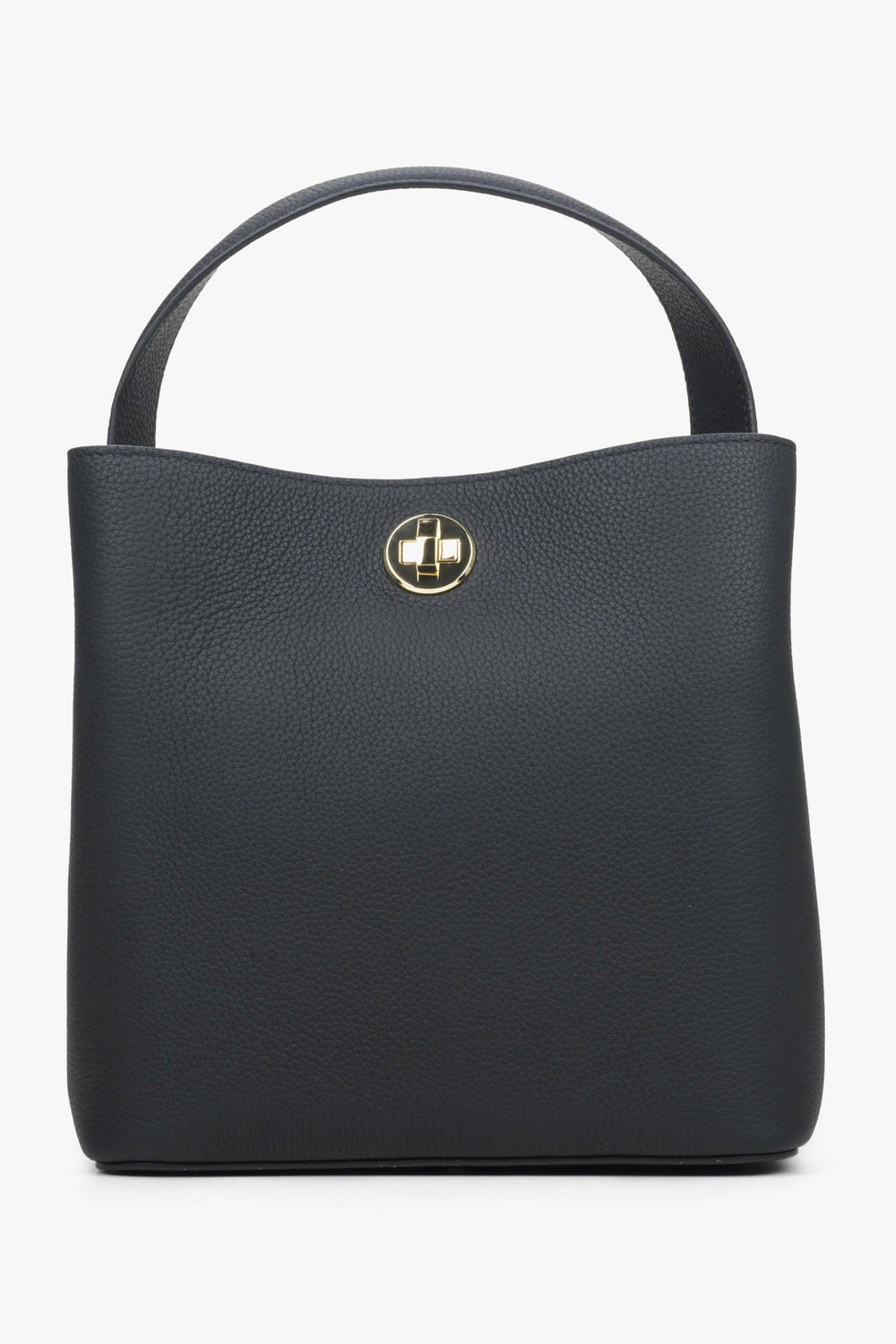 Frontalansicht der eleganten schwarzen Damen-Henkeltasche aus Echtleder von Estro mit goldfarbenem Schnallenverschluss