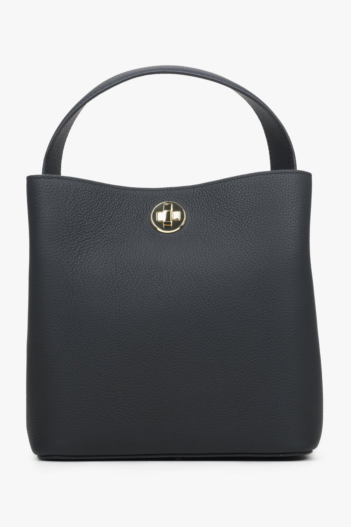 Frontalansicht der eleganten schwarzen Damen-Henkeltasche aus Echtleder von Estro mit goldfarbenem Schnallenverschluss