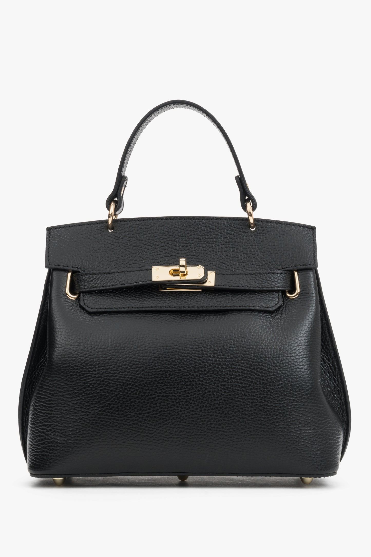 Frontale Ansicht der schwarzen Leder-Henkeltasche mit elegantem Goldverschluss und strukturiertem Finish 