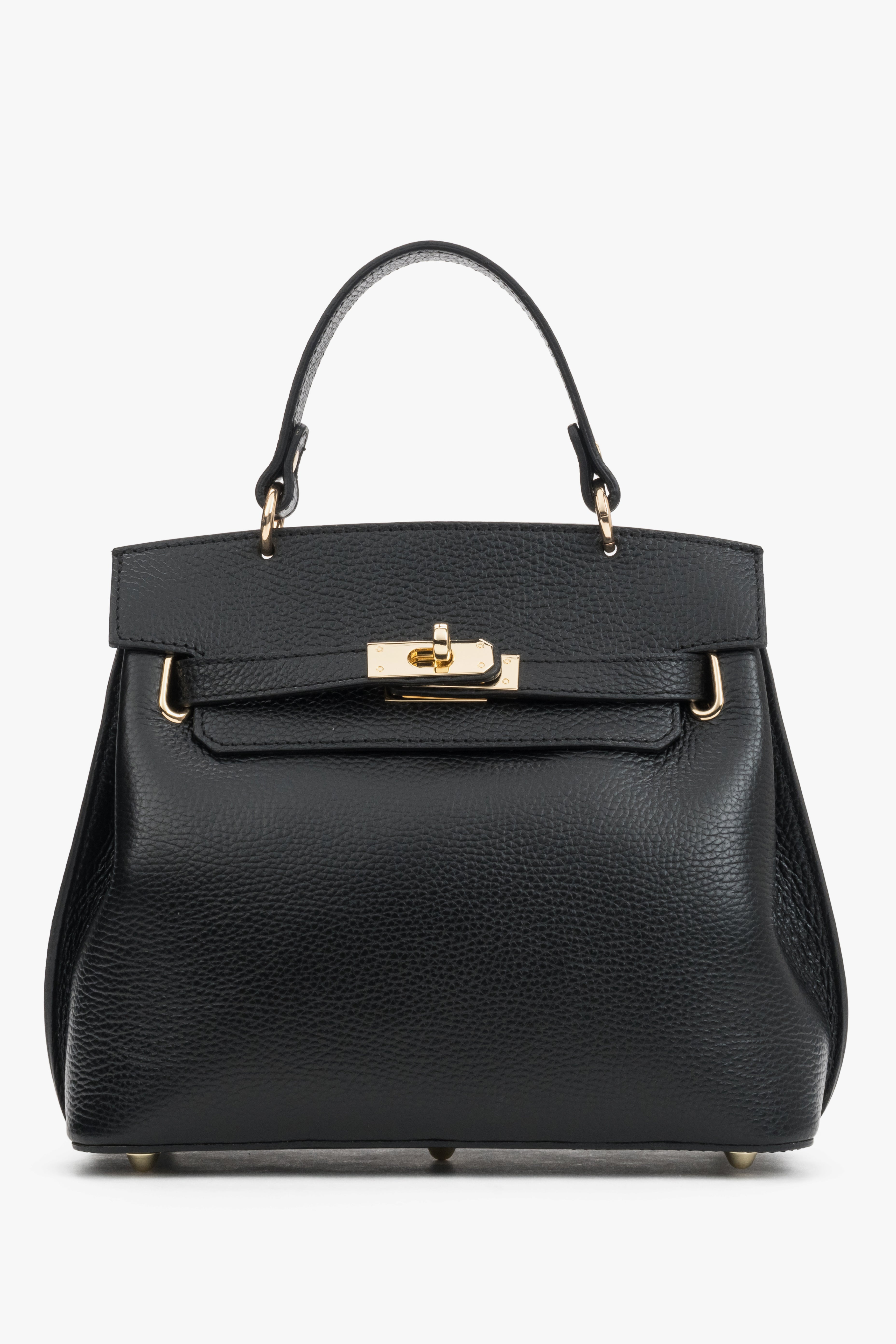 Frontale Ansicht der schwarzen Leder-Henkeltasche mit elegantem Goldverschluss und strukturiertem Finish 