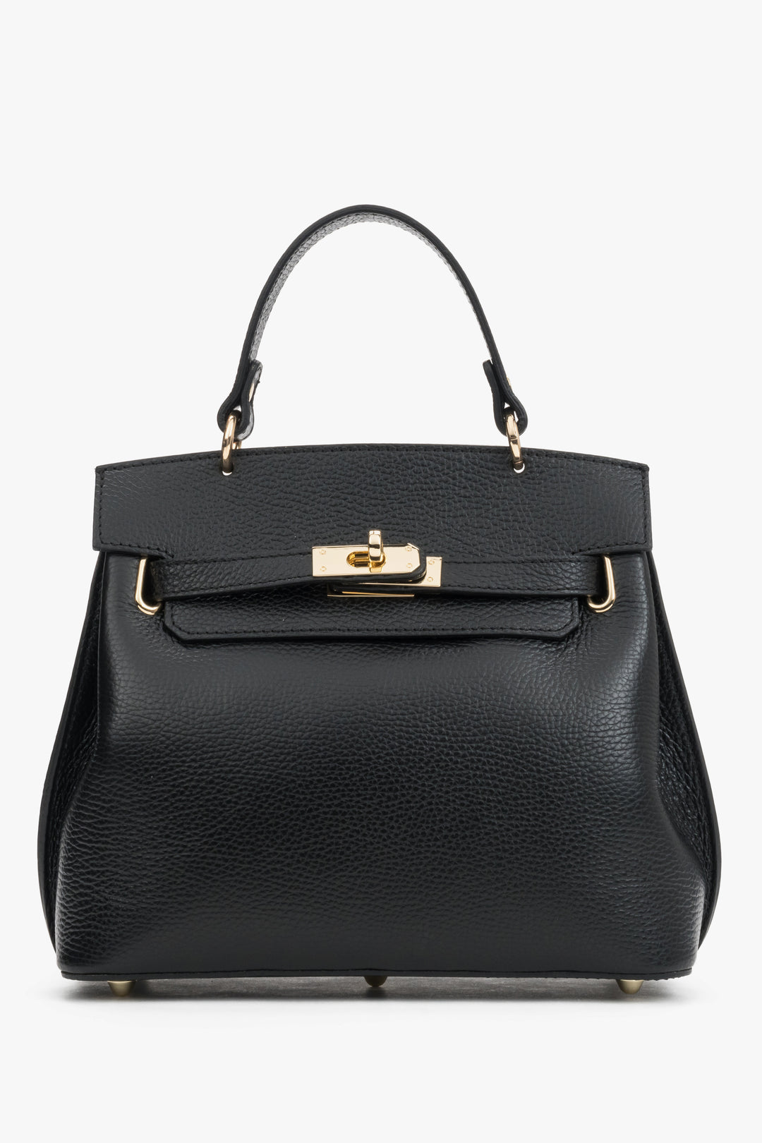 Frontale Ansicht der schwarzen Leder-Henkeltasche mit elegantem Goldverschluss und strukturiertem Finish 