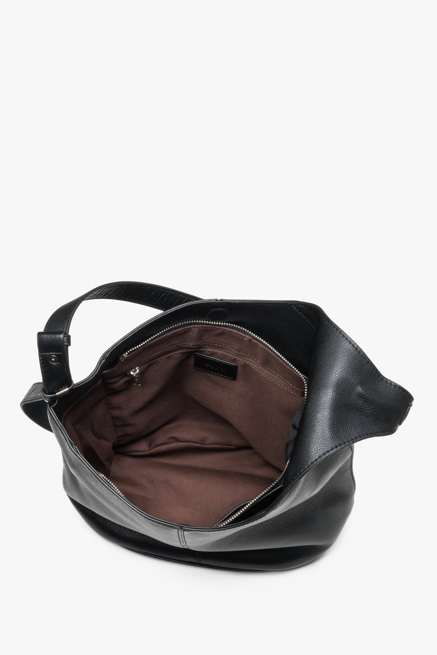 Schwarze Damen-Hobo-Shopper-Tasche aus Leder mit geöffnetem Innenraum
