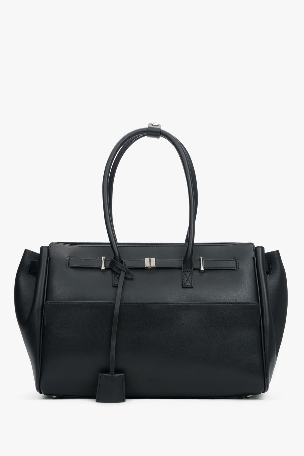 Frontalansicht der formstabilen schwarzen Damen-Koffertasche aus Echtleder.