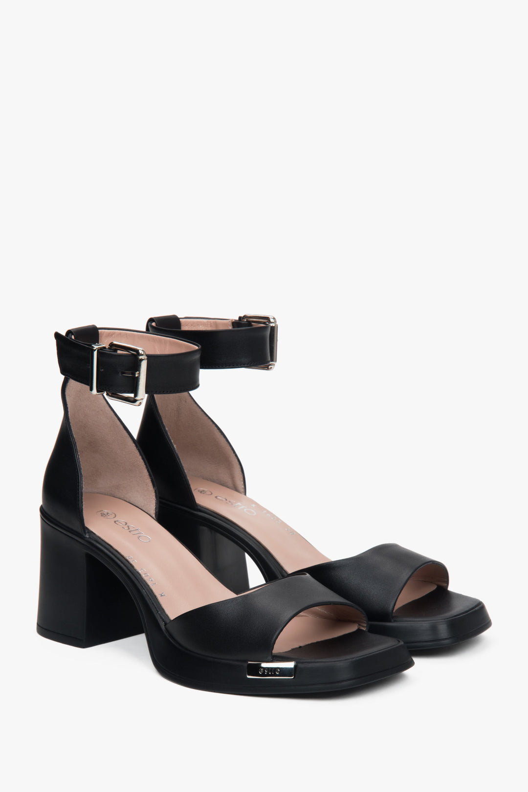 Elegante schwarze Damen-Sandalen von Estro aus Naturleder mit modischem Blockabsatz.
