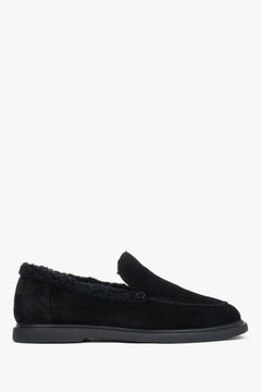 Flache Seitenansicht des schwarzen Damen-Loafers für den Winter aus Velours