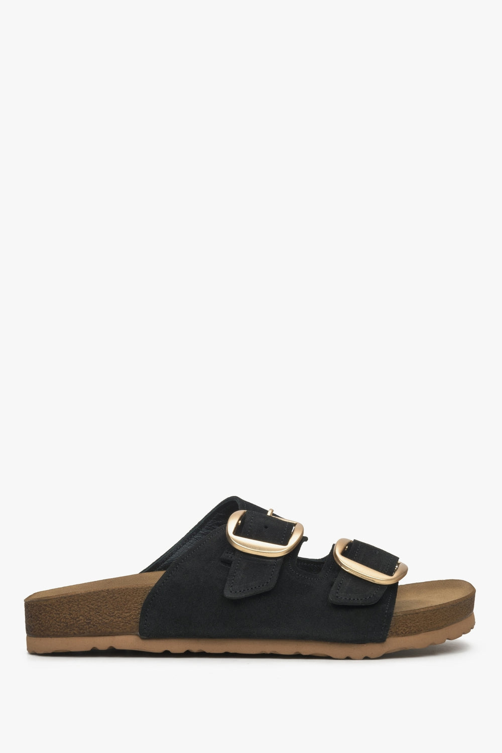 Schwarze Damen-Pantolette aus natürlichem Veloursleder in seitlicher Ansicht mit breiten Riemen und Schnallen