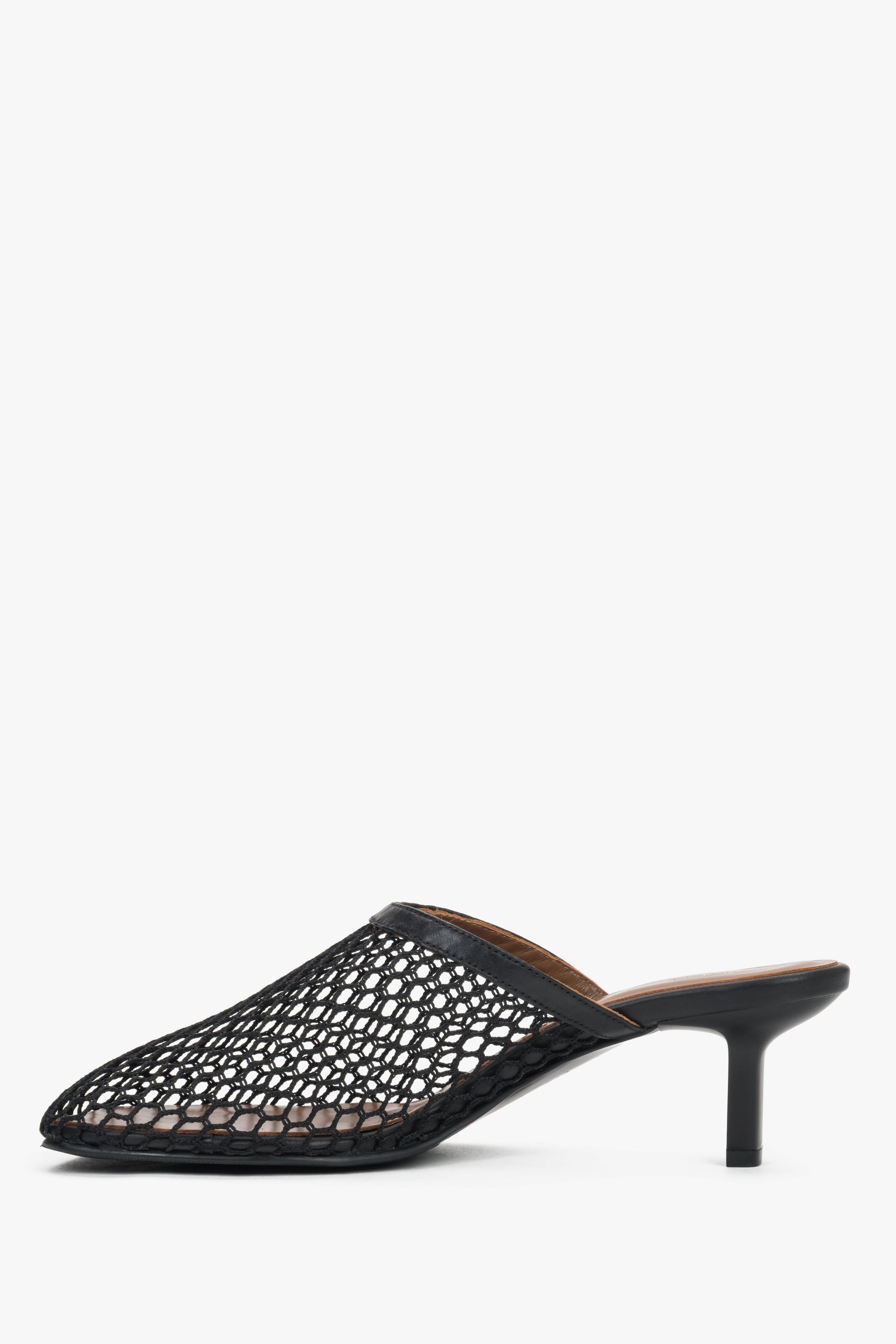 Schwarze Mesh-Pantolette mit eckiger Schuhspitze und niedrigem Blockabsatz