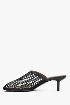 Schwarze Mesh-Pantolette mit eckiger Schuhspitze und niedrigem Blockabsatz