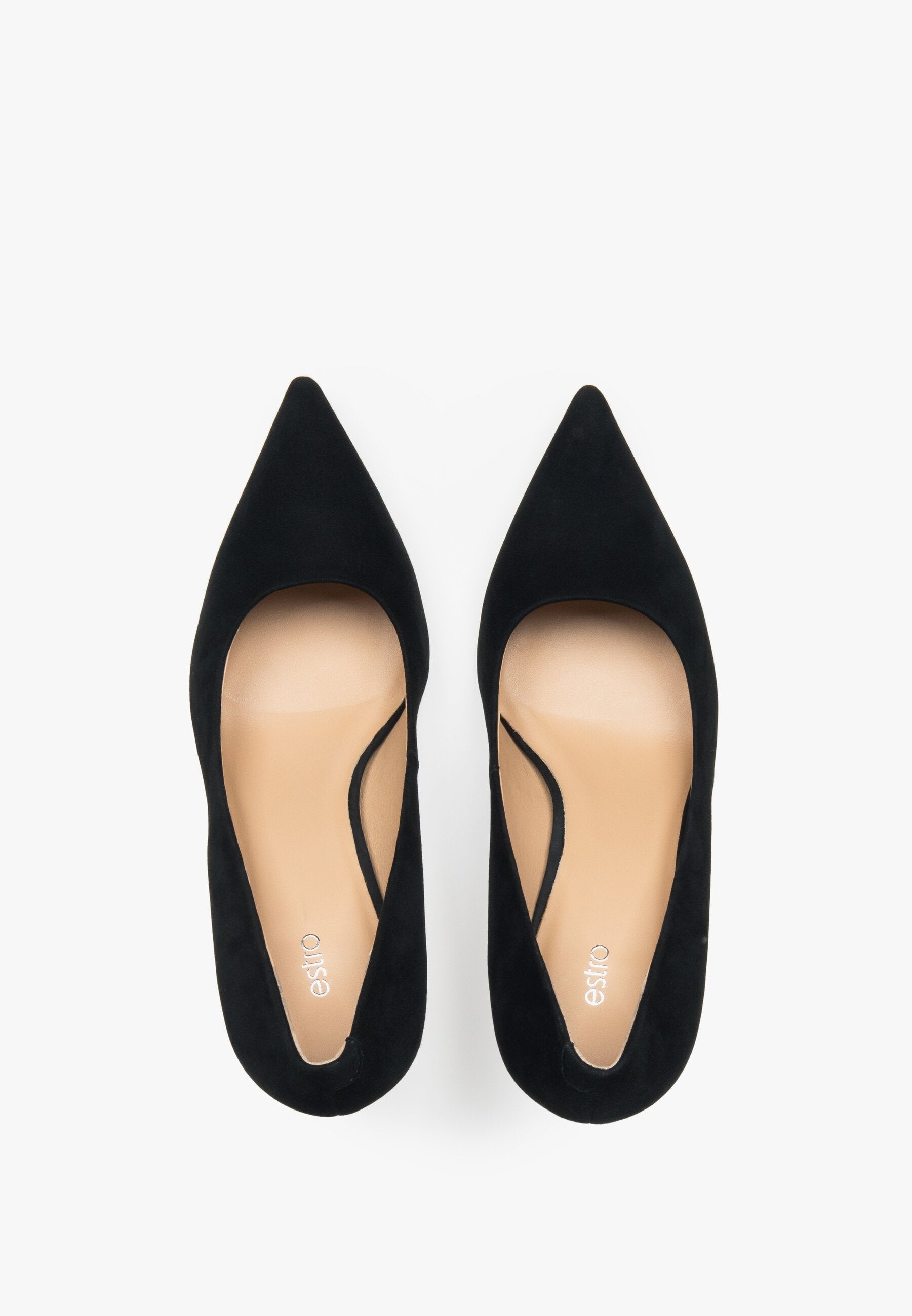 Elegante Pumps in Schwarz mit spitzer Form. Draufsicht.