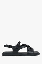 Profilansicht der schwarzen Damen-Sandalen aus weichem Echtleder.