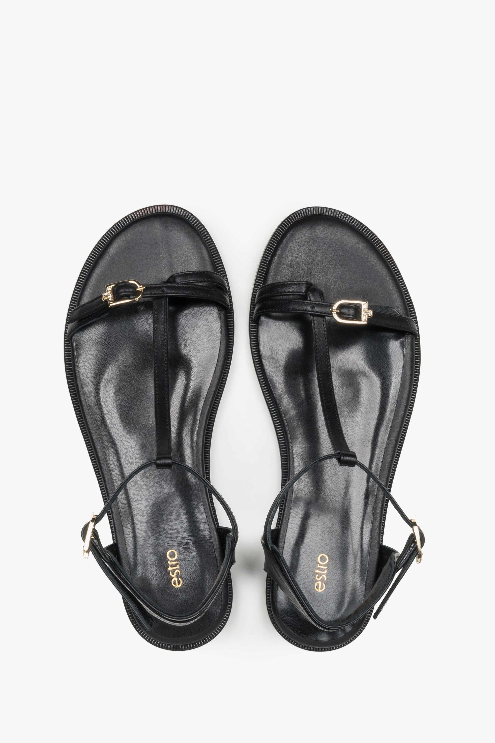 Schwarze Damen-Sandalen aus echtem Leder von oben mit Zehenschlaufe