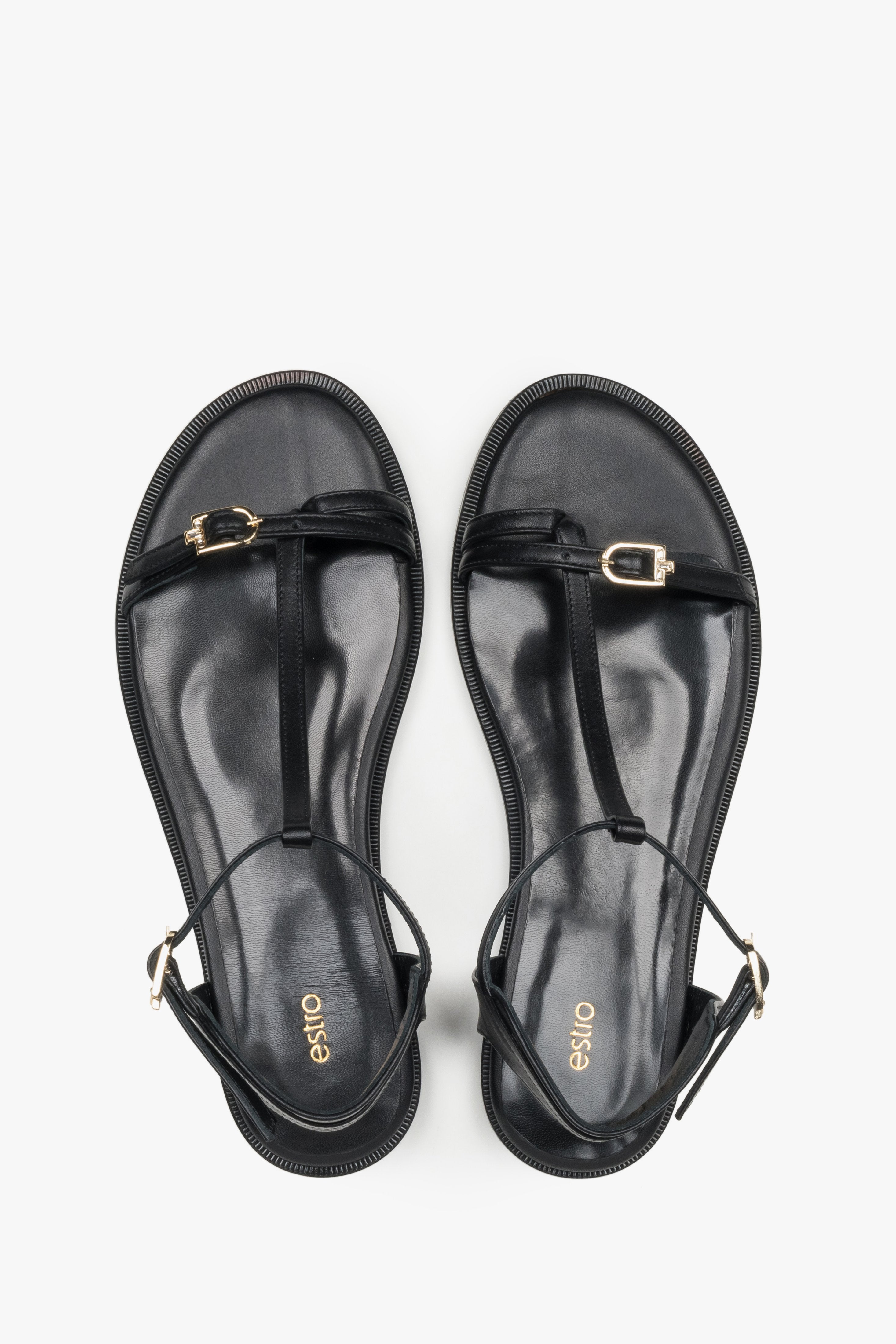 Schwarze Damen-Sandalen aus echtem Leder von oben mit Zehenschlaufe