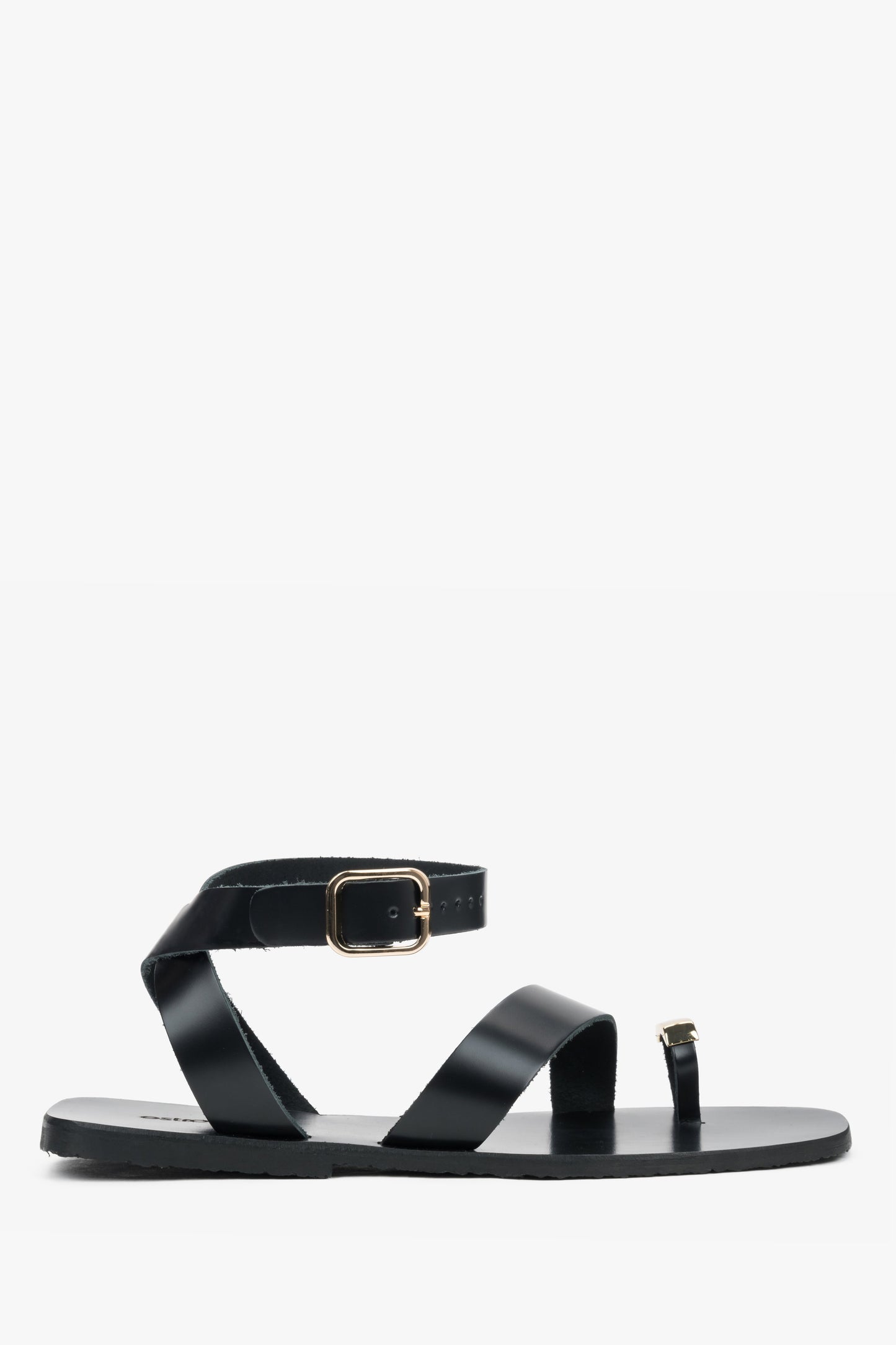 Schwarze Damen-Sandalen aus Echtleder mit goldenem Zehenring