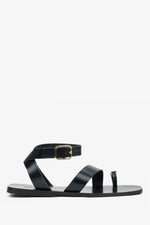Schwarze Damen-Sandalen aus Echtleder mit goldenem Zehenring