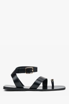 Schwarze Damen-Sandalen aus Echtleder mit goldenem Zehenring