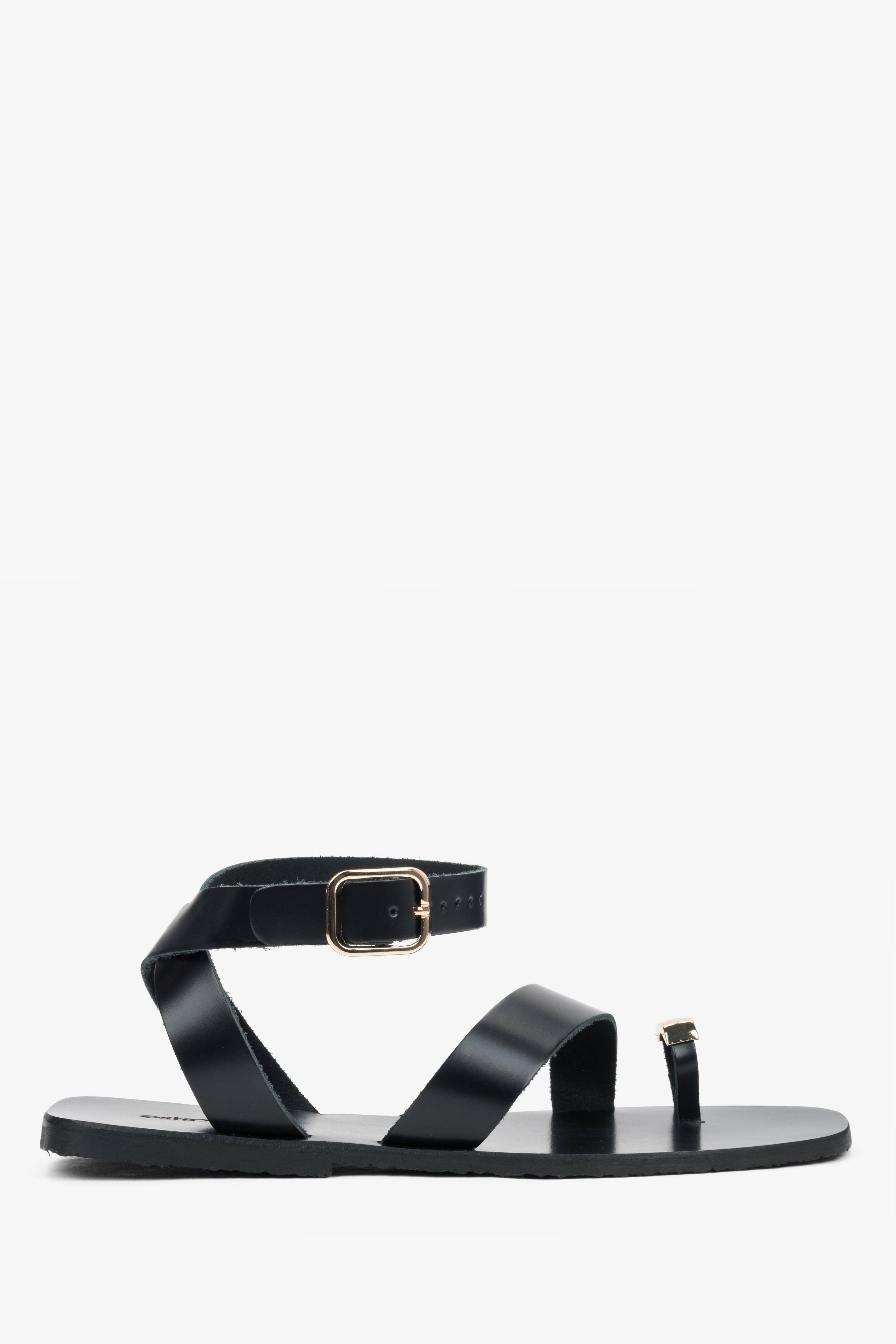Schwarze Damen-Sandalen aus Echtleder mit goldenem Zehenring