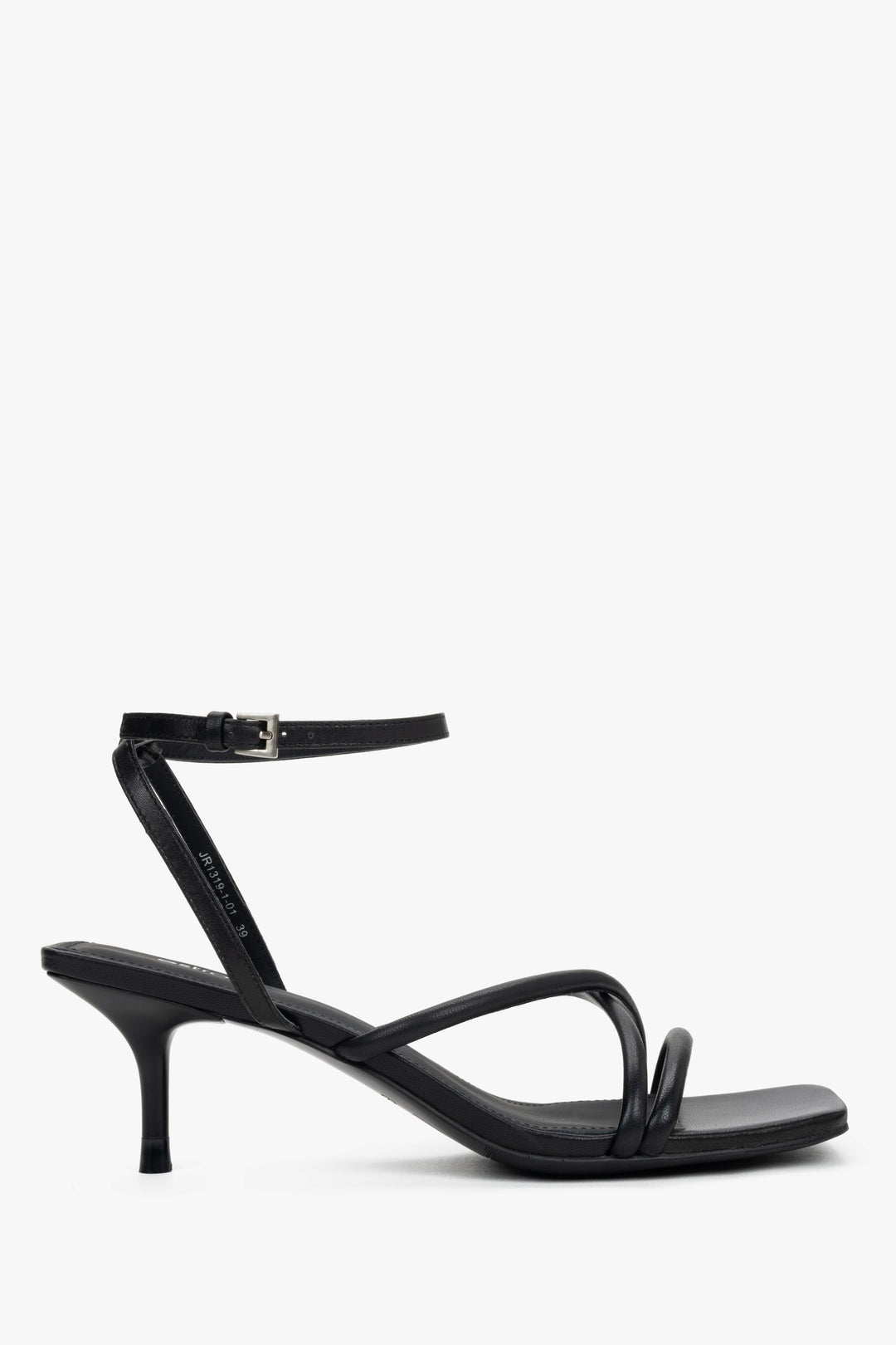 Schwarze Damen-Sandalette aus echtem Leder mit feinen Riemen in seitlicher Ansicht